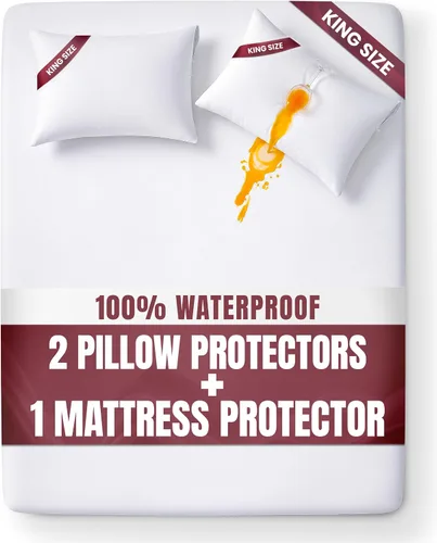 Protector de colchón impermeable y fundas de almohada, tamaño King, incluye 2 protectores de almohada con cremallera y 1 juego de funda de colchón,