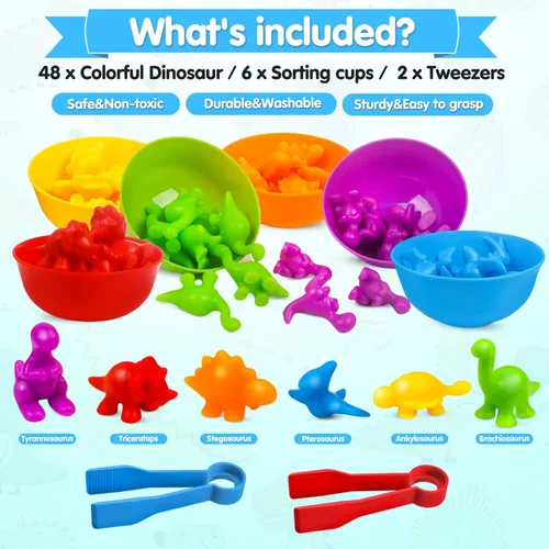 Miniatura 3 de USATDD Juguetes de dinosaurios para contar con clasificación de colores, juegos de apilamiento con cuencos, actividades de aprendizaje preescolar