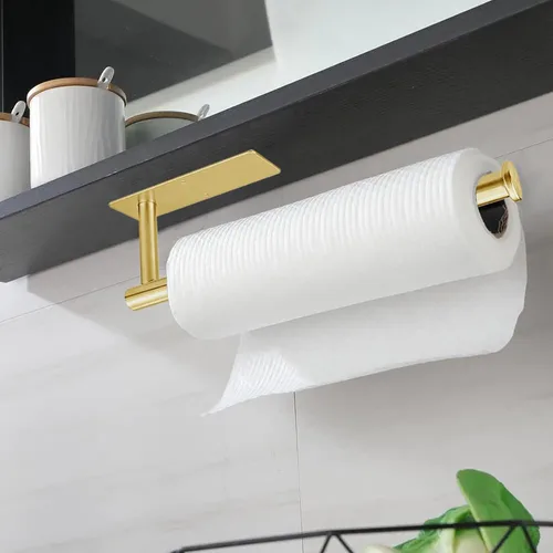 Miniatura 2 de Toallero de papel para debajo del gabinete, para cocina, soporte de pared, autoadhesivo o perforación, acero inoxidable 304 (dorado)