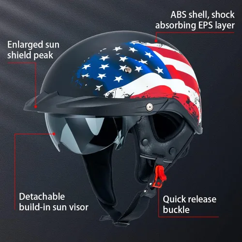 Miniatura 2 de Pit Boss Casco Medio para Motocicleta para Hombres y Mujeres, Aprobación DOT, Casco Retro de Cara Media con Visera, Estilo Crucero, Ajuste Bandera