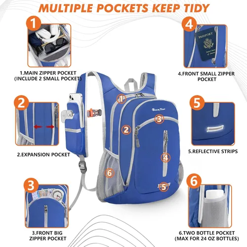 Miniatura 4 de Seektop Mochila de senderismo pequeña de 15 L para viajes, impermeable, ligera, bolsa de senderismo para mujeres y hombres Azul marino