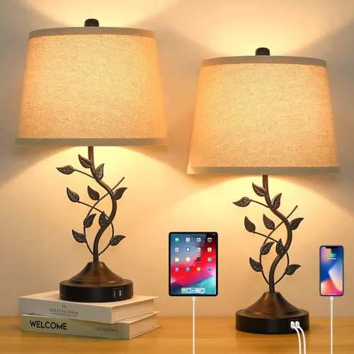 Lámparas de mesa táctiles regulables de 3 vías para sala de estar, juego de 2 lámparas tradicionales para dormitorio con 2 puertos de carga USB,