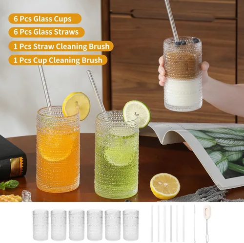 Miniatura 3 de Juego de 6 vasos de vidrio vintage grandes con nudos de 16 onzas / 473.18 ml, vasos transparentes de alta copa, vasos de agua de cocina, para Juego