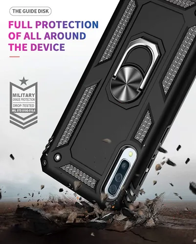 Miniatura 4 de TJS Funda compatible con Samsung Galaxy A50 2019, con protector de pantalla de vidrio templado, anillo de metal, soporte magnético, resistente Negro