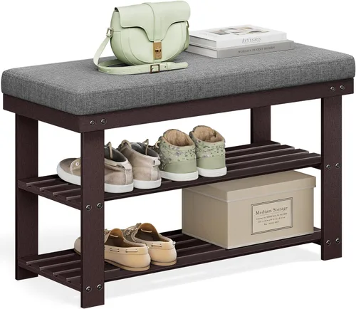Miniatura 10 de SONGMICS Banco de zapatos de bambú, organizador de zapatos de 3 niveles para entrada, sala de estar, asiento de banco con capacidad para hasta 300