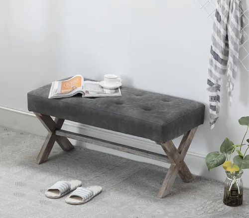 Miniatura 4 de chairus Banco de entrada tapizado de piel sintética, asiento de banco de dormitorio de 36 pulgadas con patas de madera en forma de X para sala