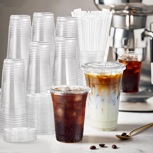 Miniatura 6 de 100 juegos de vasos de plástico transparente de 16 onzas con tapas y pajitas, BPA libre y a prueba de fugas, vasos desechables de plástico para café