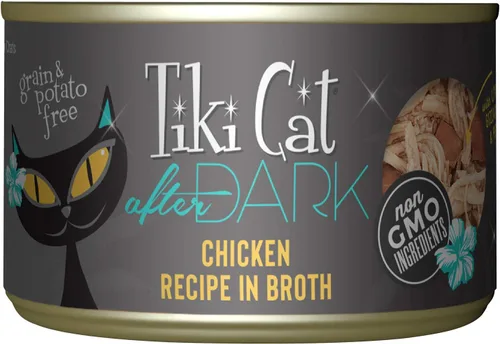 Tiki Cat After Dark, pollo, alto contenido en proteínas y 100% ingredientes no transgénicos, alimento húmedo para gatos adultos, latas de 5.5 onzas