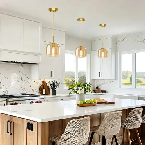 Miniatura 6 de Luces Colgantes de Isla de Cocina - Luz Colgante Dorada, Luces Colgantes de Latón Estilo Granja con Pantalla de Vidrio Ámbar, Luz Colgante Ajustable