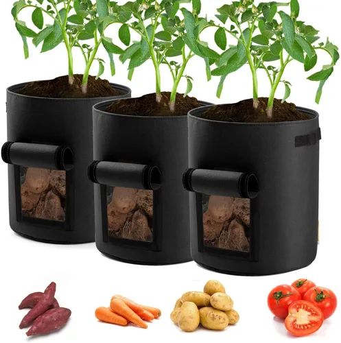 Bolsas para macetas de patata, paquete de 3 bolsas de cultivo de 7 galones, macetas de tomate con aireación con solapa y asas (negro)