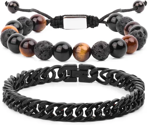 Miniatura 14 de Pulseras de cuentas negras para hombres y niños: 0.236 in de obsidiana ónix cuentas de lava para hombre conjunto de pulseras para hombre - Genial