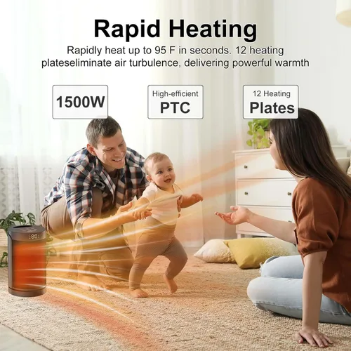Miniatura 3 de Calentador de espacio portátil pequeño para uso en interiores - Calentadores eléctricos QOWETU de 1500 W con termostato, oscilación de 70°, 5 modos