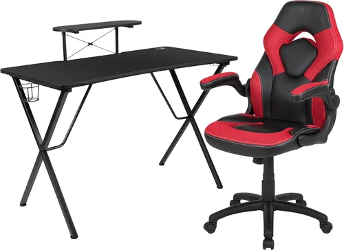 Miniatura 46 de Flash Furniture Juego de escritorio para juegos negro y silla de carreras blanco/negro con soporte para tazas, gancho para auriculares y soporte