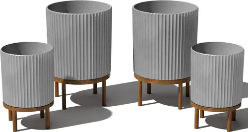 Miniatura 27 de Veradek Demi Series - Maceta redonda con soporte para porche o patio, compuesto de piedra de plástico duradero y soporte de madera, decoración