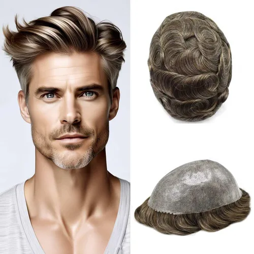 Miniatura 125 de Peluca completa de poliuretano para hombre, sistemas de reemplazo de cabello humano, piel fina y duradera, para hombre, prótesis de cabello