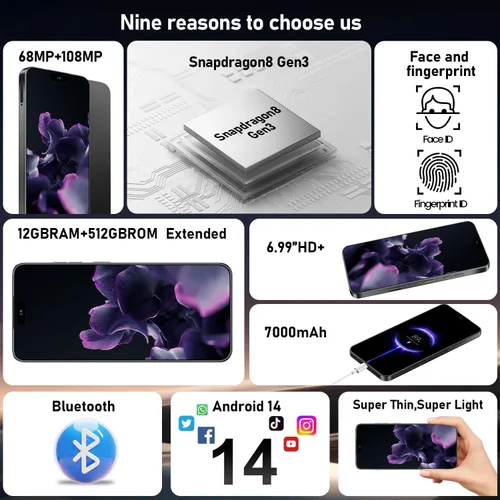 Miniatura 6 de Teléfono inteligente desbloqueado de 16pm: pantalla HD+ de 6.99", batería de larga duración de 7000mAh, almacenamiento masivo de 12GB+512GB, cámara