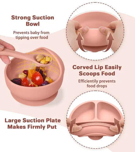 Miniatura 3 de ECLIP Juego de alimentación de silicona para bebés, 10 piezas de artículos esenciales para comer bebés con ventosa, plato dividido, babero Rojo