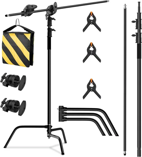 SH Soporte C con brazo de pluma, soporte de luz resistente para fotografía, kit de soporte en C de acero inoxidable de 10.8 pies con bolsa de arena,