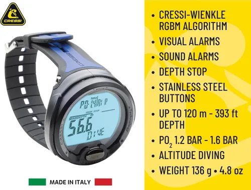 Miniatura 4 de CRESSI Leonardo 2.0 Ordenador de buceo subacuático de un solo botón, 3 modos: aire, nitrox, calibre, menú fácil de usar - Diseñado y fabricado