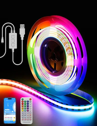 PAUTIX Luz LED RGB inteligente IC USB, tira LED COB de 5 V RGB alimentada por USB, luz de cinta flexible multicolor listada UL de 6.56 pies con modo