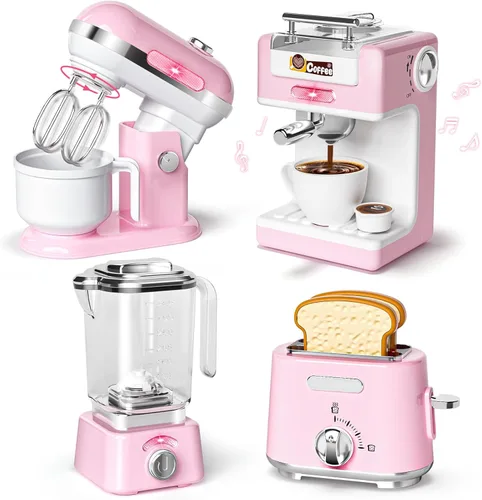 Juego de juguetes de cocina para niños, 7 piezas sin BPA, aparatos de juego de simulación con sonido ligero, cafetera, batidora, batidora, tostadora