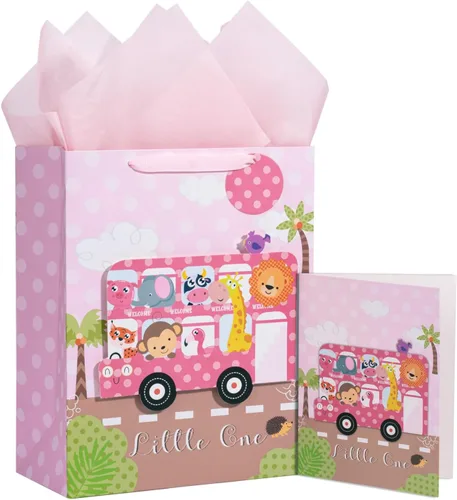 LeZakaa Bolsa de regalo rosa de 1er cumpleaños para niños y niñas, bolsa de regalo de 13 pulgadas con papel de seda, etiqueta de regalo y tarjeta,