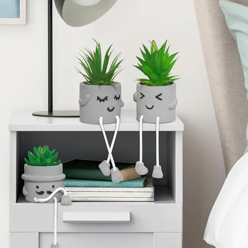 Miniatura 4 de MAKHOT 4 plantas suculentas artificiales creativas con maceta de cemento, planta pequeña falsa para escritorio, suculentas falsas para decoración