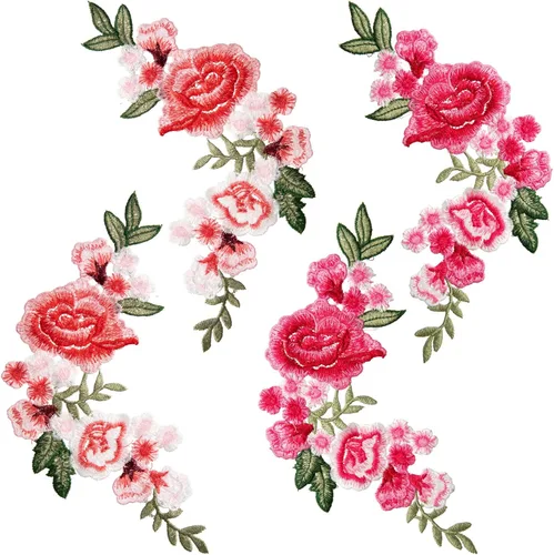 HINZIC 4 piezas Parches de Apliques Bordados de Flores de Peonía para Coser, Ramo Rosa Boho para Vestido de Novia, Ropa, Jeans, Sombrero, Chaquetas,