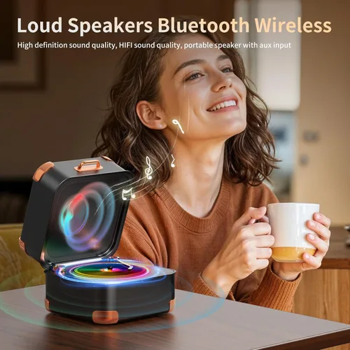 Miniatura 6 de Altavoz Bluetooth para tocadiscos, mini tocadiscos, vinilo retro, pequeño altavoz Bluetooth inalámbrico, calidad de sonido HD, kawaii, adecuado