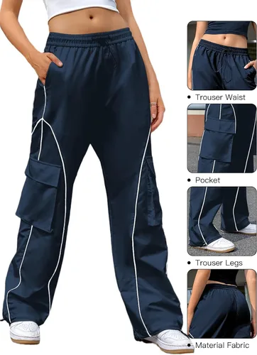 Miniatura 5 de Allytok Pantalones de paracaídas para mujer, pantalones cargo holgados Y2K con bolsillos, pantalones modernos de pierna ancha