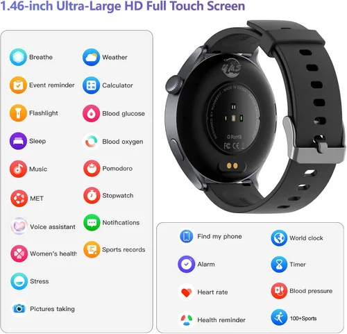Miniatura 5 de YMS Reloj inteligente para mujer, Android, los mejores relojes de fitness impermeables para hombres (respuestas/hacer llamadas), frecuencia Negro