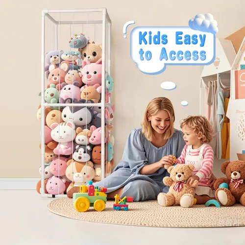 Miniatura 5 de Almacenamiento de Zoológico de Animales de Peluche - Organizador Alto de Juguetes de Material PVC con Cordones Elásticos y Estante, Casa