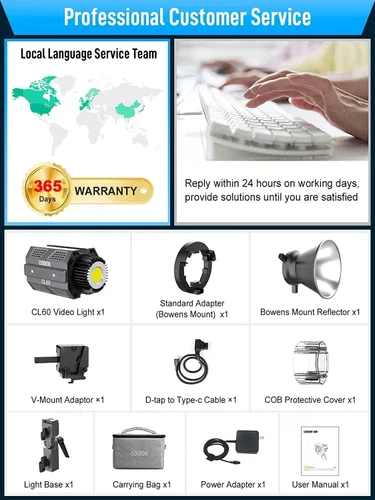 Miniatura 9 de Colbor CL60+VM2 65W COB Luz continua 2700K-6500K Luz de video LED con adaptador de montaje en V y cable D-Tap a Tipo-C, luz diurna con aplicación