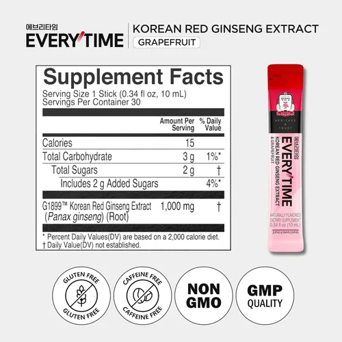 Miniatura 7 de JUNG KWAN JANG Everytime - Extracto de ginseng rojo coreano de 1,000 mg y pomelo – Bebida energética vegana – Sin cafeína, sin gluten, sin OMG, 0.34
