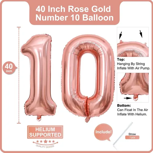 Miniatura 2 de Lovoir Globo de oro rosa de 40 pulgadas con número de 10 dígitos gigantes de papel de aluminio de Mylar para helio de 10º cumpleaños, decoración