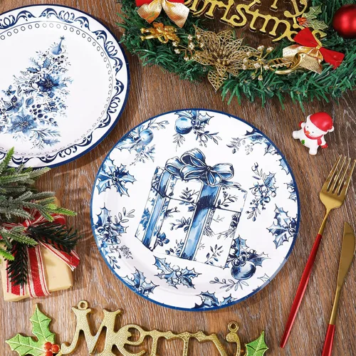 Miniatura 5 de Whaline 40 platos de papel de Navidad, 4 diseños, chinoiserie de porcelana azul y blanca, árbol de Navidad, platos desechables de Papá Noel, vajilla