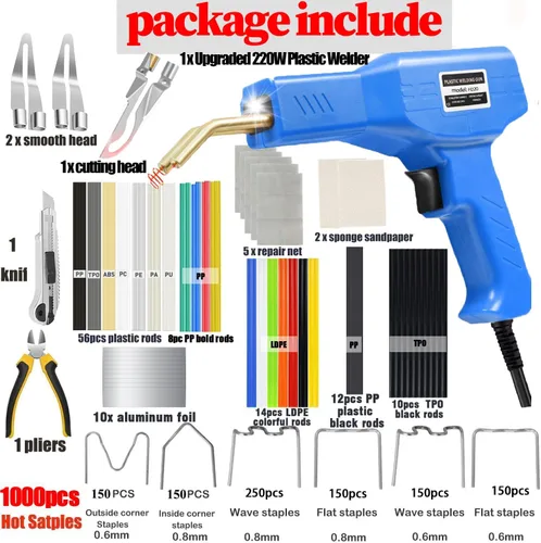 Miniatura 7 de Soldador de Plástico Mejorado de 220W, Kit de Soldador de Reparación de Soldadura de Plástico 2 en 1, 1000 PCS Pistola de Soldadura de Grapadora Azul