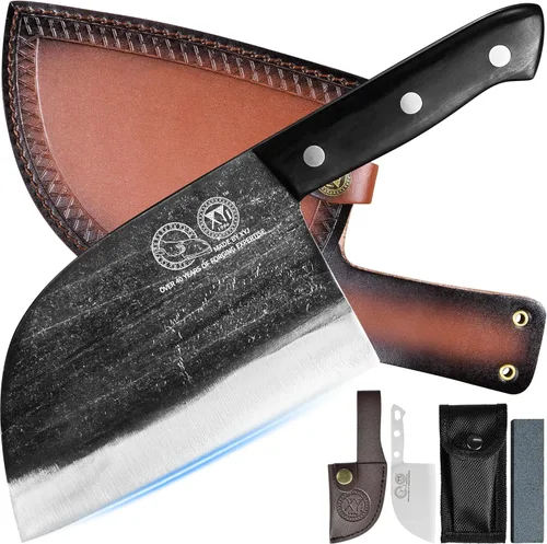 Miniatura 11 de Cuchillo de chef serbio de tanga completa, cuchillo de carnicero, cuchillos de cocina, juego con funda de cuero, para llevar, de carnicero (20.32 cm)