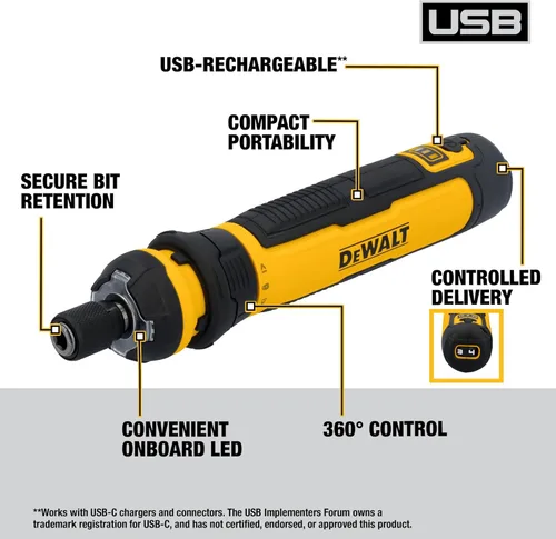 Miniatura 2 de DEWALT Destornillador inalámbrico, destornillador eléctrico recargable USB de 4 V con juego de 12 puntas de destornillador, luz LED, control