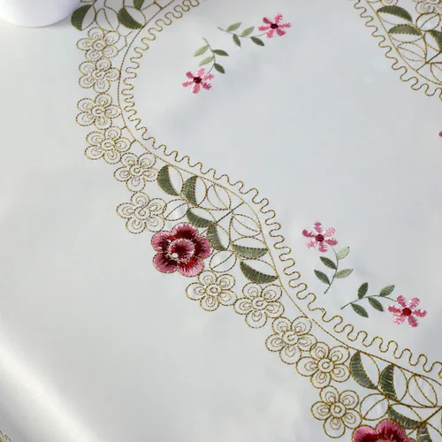Miniatura 4 de Mantel bordado de damasco rosa camelia, rectangular, color blanco roto 42 x 60 pulgadas