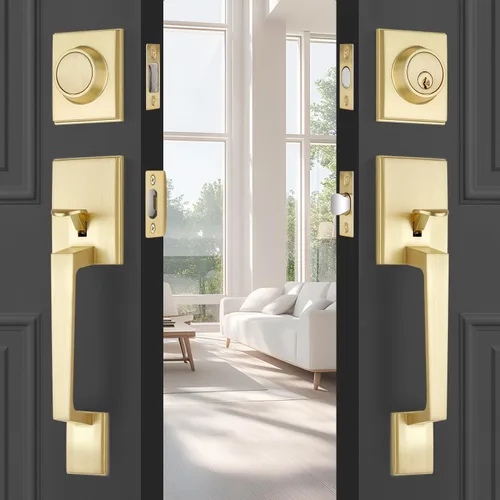 EHOMEWARE - Juego de manijas de puerta delantera doble de latón, manija de puerta de latón cuadrado resistente en oro y cerradura de un solo