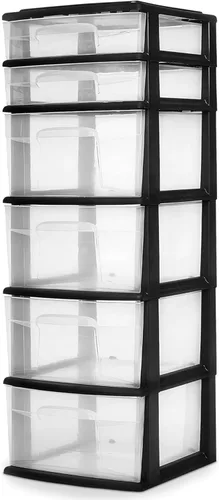 HOMZ Torre de cajones, carrito organizador de almacenamiento de plástico transparente de 6 niveles, marco negro, cajones organizadores resistentes