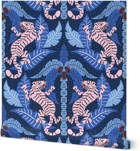 Muestro de papel tapiz extraíble - Tiger Damask Pink Blue Jungle Tropical Papel pintado prepegado personalizado por Spoonflower