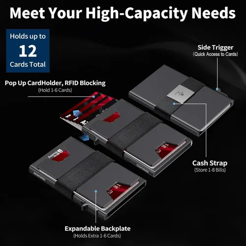 Miniatura 51 de Cartera delgada de aluminio para hombre, placa trasera expandible duradera, bloqueo RFID, billetera desplegable de metal minimalista, con capacidad