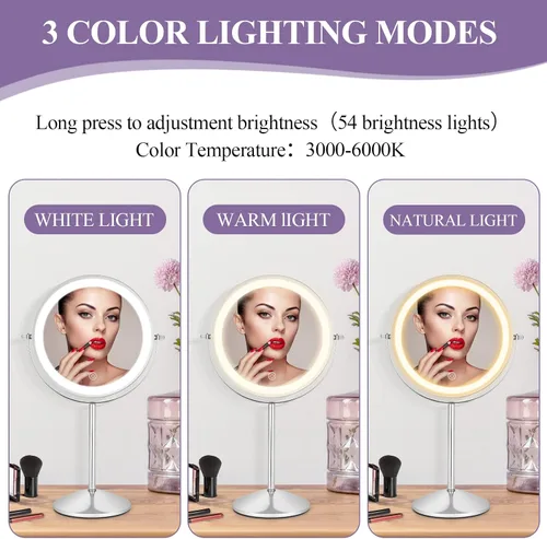 Miniatura 2 de 8" Makeup Mirror with Lights, 1X/10X Lighted Vanity Mirror with Magnification, 3 Color Adjustable Brightness, 360° Rotating Dual-Side, USB