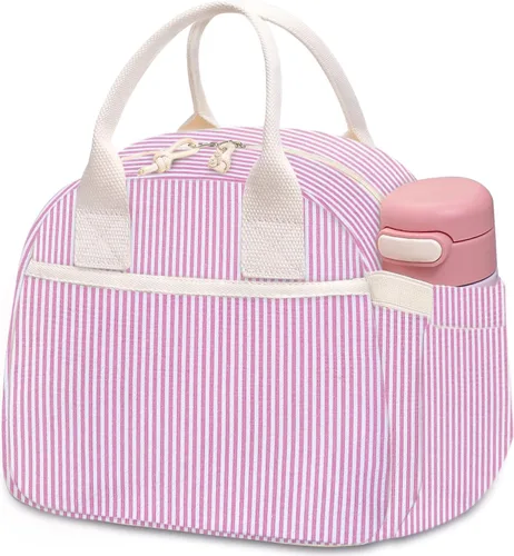 Miniatura 9 de Carry bloom Lonchera para mujer, lonchera aislada, bonita lonchera de pana reutilizable para el trabajo (1 rayas blancas y negras)