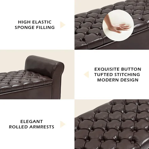 Miniatura 4 de ECOTOUGE Banco de almacenamiento armado, reposapiés tapizado de cuero con tapa con bisagras para el extremo de la cama del dormitorio, modelo Marrón