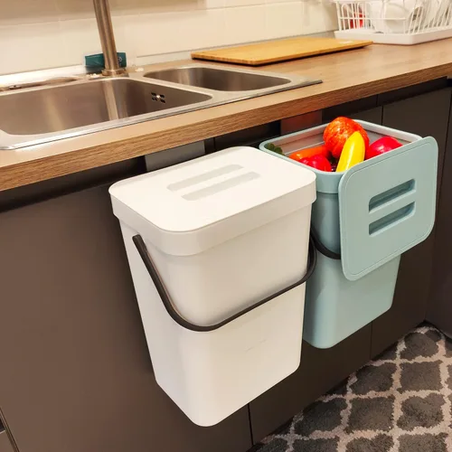 Miniatura 14 de stonespace Cubo de basura pequeño con tapa, cubo de compostaje montable para interiores, cubo de basura colgante con tapa para Verde