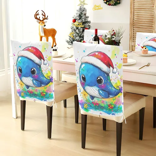 Miniatura 4 de Juego de 6 fundas decorativas para sillas decorativas con diseño de ballena azul de dibujos animados para ceremonia, fundas decorativas suaves