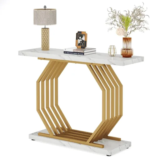 Miniatura 8 de Tribesigns Mesa Consola Dorada, Mesa de Entrada Estrecha de Mármol Sintético con Base de Metal Geométrica, Mesa de Acento Moderna de 40 Pulgadas